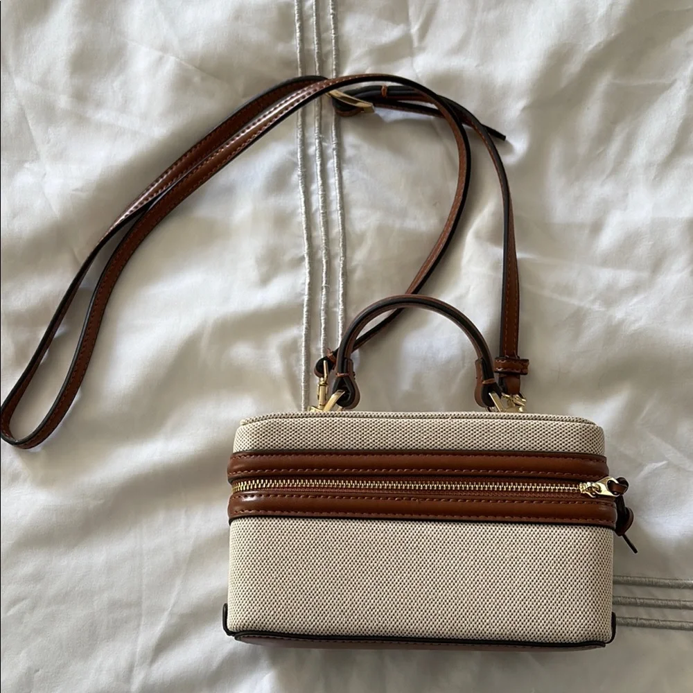 Zara Canvas and Brown Leather Crossbody Bag - Picture 1 of 2